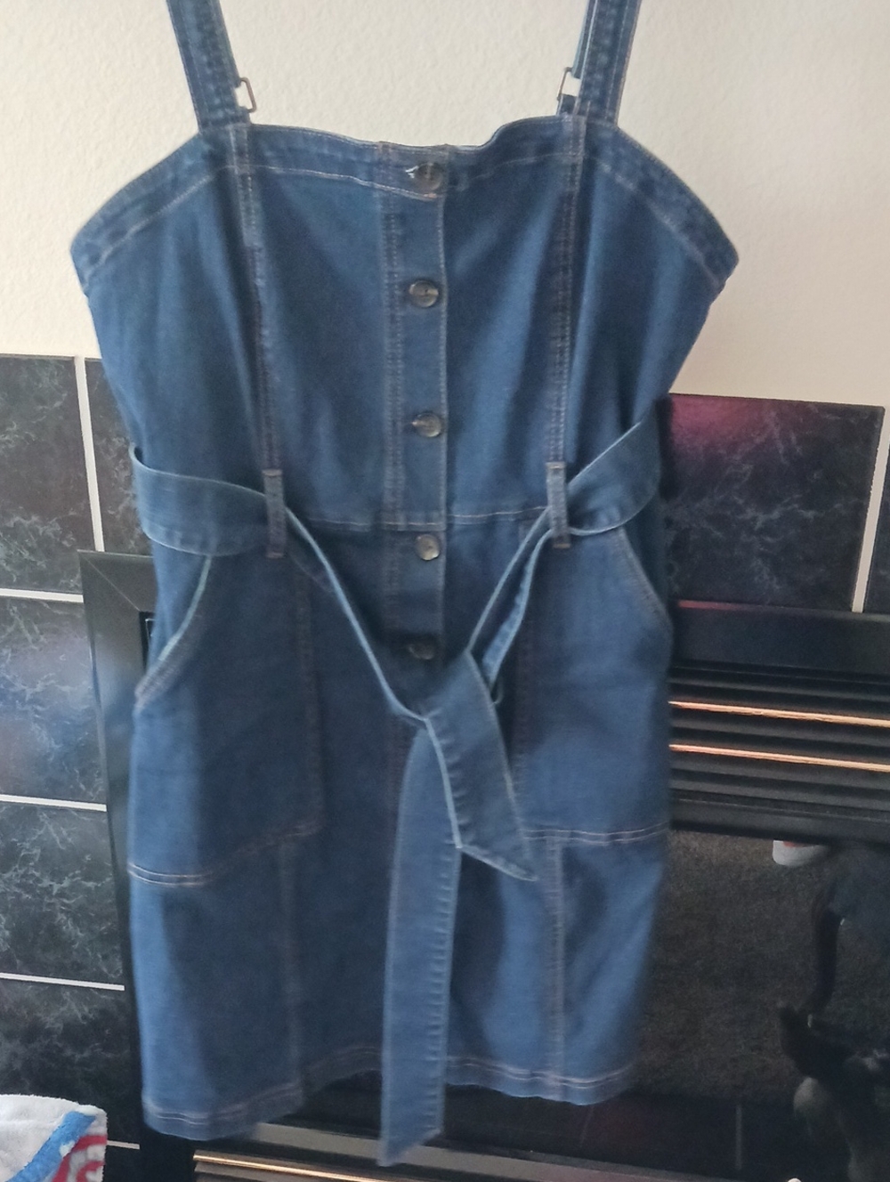 SO Dark Blue Denim Button-Front Strap Dress